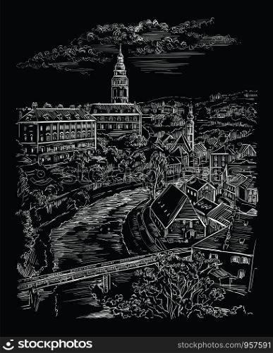 Vector hand drawing Illustration of panoramic cityscape of Cesky Krumlov. Aerial View on roofs, castle and river. Landmark of Czech Republic. Vector illustration in white color isolated on black background.