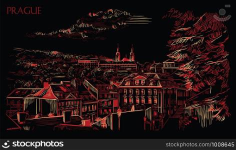 Vector hand drawing Illustration of panoramic cityscape of Prague. Strahov Monastery and roofs of Prague.Landmark of Prague, Czech Republic. Vector illustration in red and beige colors isolated on black background.