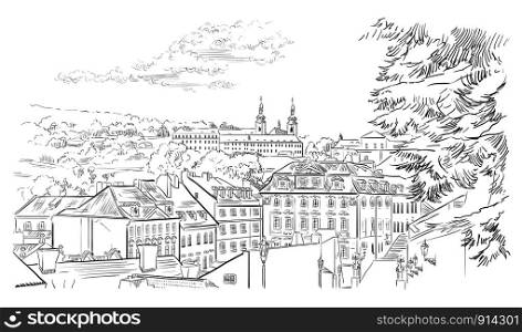Vector hand drawing Illustration of panoramic cityscape of Prague. Strahov Monastery and roofs of Prague.Landmark of Prague, Czech Republic. Vector illustration in black color isolated on white background.