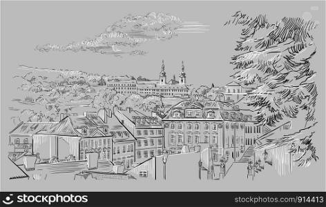 Vector hand drawing Illustration of panoramic cityscape of Prague. Strahov Monastery and roofs of Prague.Landmark of Prague, Czech Republic. Vector illustration in black and white colors isolated on grey background.