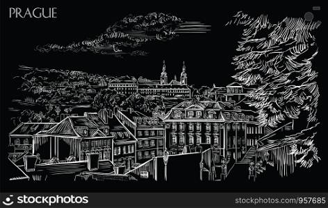 Vector hand drawing Illustration of panoramic cityscape of Prague. Strahov Monastery and roofs of Prague.Landmark of Prague, Czech Republic. Vector illustration in white color isolated on black background.