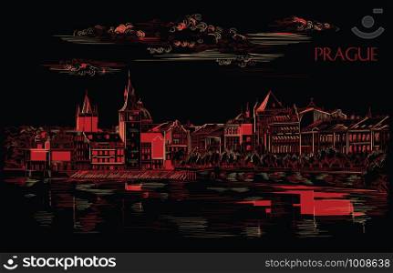 Vector hand drawing Illustration of Prague old city panorama, river Vltava. Landmark of Prague, Czech Republic. Vector illustration in red and beige colors isolated on black background.