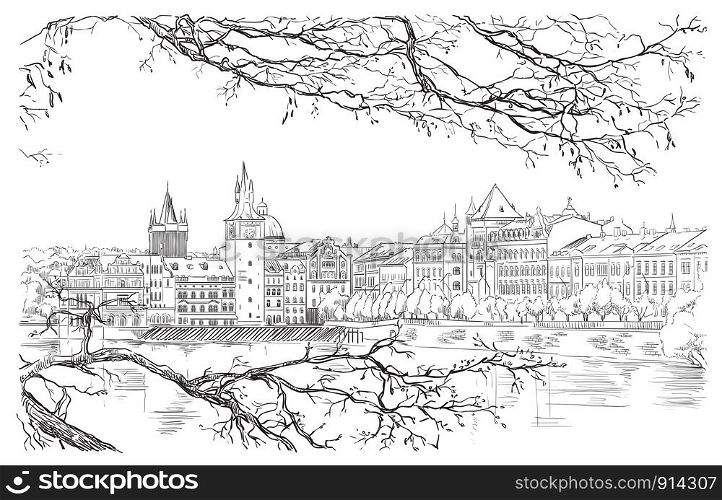Vector hand drawing Illustration of Prague old city panorama, river Vltava. Landmark of Prague, Czech Republic. Vector illustration in black color isolated on white background.