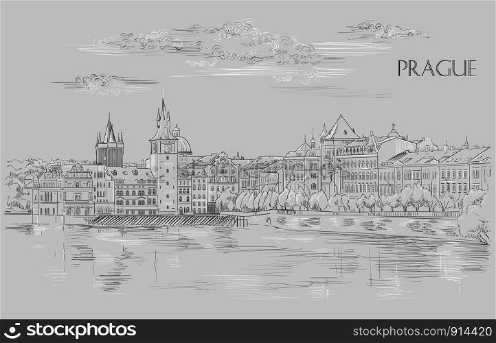 Vector hand drawing Illustration of Prague old city panorama, river Vltava. Landmark of Prague, Czech Republic. Vector illustration in black and white colors isolated on grey background.