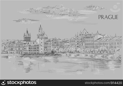 Vector hand drawing Illustration of Prague old city panorama, river Vltava. Landmark of Prague, Czech Republic. Vector illustration in black and white colors isolated on grey background.
