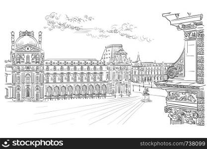 Vector hand drawing Illustration of The Louvre museum. Landmark of Paris, France. Cityscape with museum. Vector hand drawing illustration in black color isolated on white background.