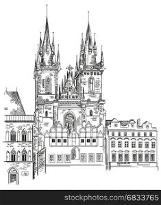 Vector hand drawing illustration of Tyn Church in Old Town of Prague in Czech Republic