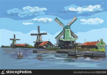 Vector hand drawing Illustration of watermill in Amsterdam (Netherlands, Holland). Landmark of Holland. Watermills on the embankment.Colorful vector engraving illustration.