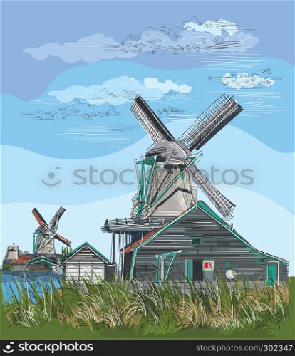 Vector hand drawing Illustration of watermill in Amsterdam (Netherlands, Holland). Landmark of Holland. Watermill on the meadow.Colorful vector engraving illustration.