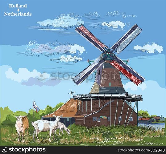 Vector hand drawing Illustration of watermill in Amsterdam (Netherlands, Holland). Landmark of Holland. Watermill and goats grazing on the meadow.Colorful vector engraving illustration.