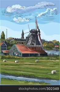Vector hand drawing Illustration of watermill in Amsterdam (Netherlands, Holland). Landmark of Holland. Watermills on the meadow.Colorful vector engraving illustration.