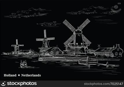 Vector hand drawing Illustration of watermill in Amsterdam (Netherlands, Holland). Landmark of Holland. Vector engraving illustration in white color isolated on black background.