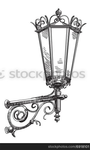 Vector hand drawing isolated old street lantern monochrome illustration on white background