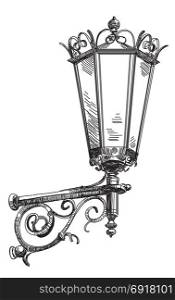 Vector hand drawing isolated old street lantern monochrome illustration on white background