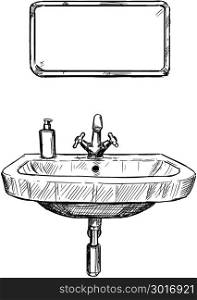 Vector Hand Drawing of Sink and Mirror in Bathroom. Vector artistic pen and ink hand drawing illustration of sink and mirror in bathroom.