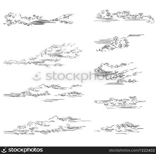 Vector hand drawing set of clouds different shapes in black color isolated on white background. Monochrome vintage clouds. Vector illustration of clouds. Image for design, cards.