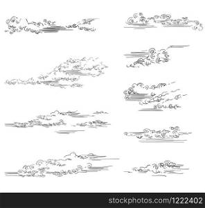 Vector hand drawing set of clouds different shapes in black color isolated on white background. Monochrome vintage clouds. Vector illustration of clouds. Image for design, cards.