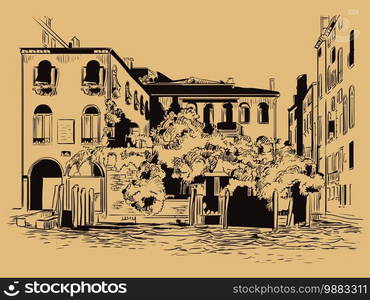 Vector hand drawing sketch illustration of Venice cityscape hand drawn sketch in black color isolated on beige background. Travel concept. For print and design.. Venice drawing illustration cityscape on canal brown