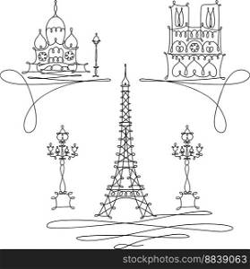 Vector hand drawing sketch. One line minimalist style Illustration Paris landmarks. One line sketch of Parisian landmarks