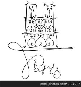 Vector hand drawing sketch. One line minimalist style Illustration Paris sights. Notre Dame de Paris. One line sketch of Notre Dame de Paris