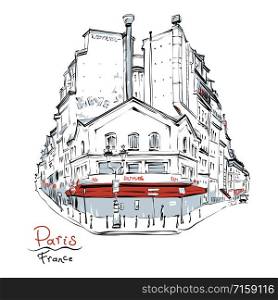 Vector hand drawing. Typical parisain house with cafe, Paris, France.. Typical Parisian house, France
