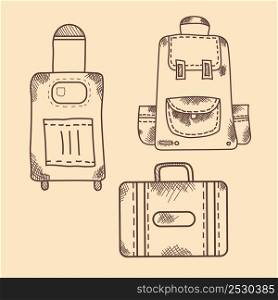 Vector hand drawing. Vintage. Pictogram, icon, luggage, backpack with pockets, suitcase, on wheels