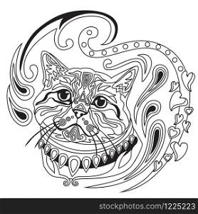 Vector hand drawing zentangle coloring antistress with ornamental British Shorthair cat portrait isolated on white background. Illustration for decorate tee shirt, stationery, dishes, adult antistress coloring book.