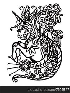 Vector hand drawing zentangle doodle coloring antistress with ornamental unicorn isolated on white background. Illustration for decorate tee shirt, adult antistress coloring book.Stock illustration