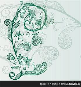 vector hand drawn abstract flowers, snail, butterfly