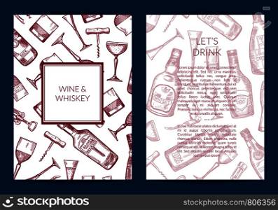 Vector hand drawn alcohol drink bottles and glasses card, flyer or brochure template for bar or night club illustration. Vector hand drawn alcohol drink bottles and glasses card