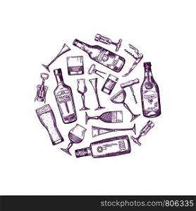 Vector hand drawn alcohol drink bottles and glasses gathered in circle illustration. Vector hand drawn alcohol drink bottles and glasses