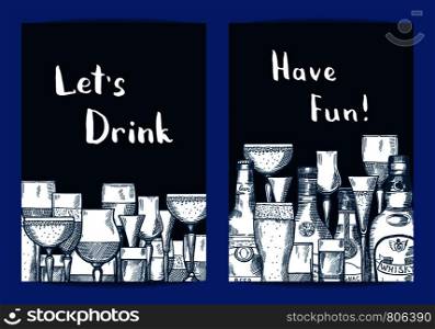 Vector hand drawn alcohol drink bottles and glasses set of card templates for bar or night club illustration. Vector hand drawn alcohol drink bottles and glasses set of card templates