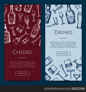 Vector hand drawn alcohol drink bottles and glasses vertical web banners illustration. Vector hand drawn alcohol drink bottles and glasses