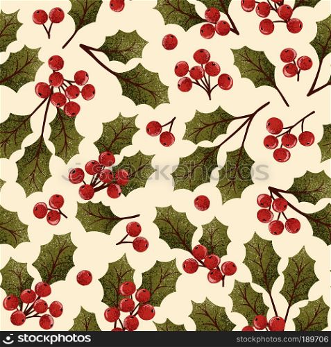 Vector hand drawn background seamless pattern with textured holly berry in vintage style
