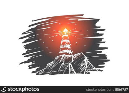 Vector hand drawn beacon concept sketch. Lighthouse on rocks shining during night time. Hand drawn beacon lighting at night