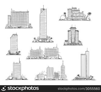 Vector hand drawn black and white illustration of set of modern city residential and commercial buildings and skyscrapers. Urban or cityscape landscapes.. Set of Modern City Buildings and Skyscrapers. Vector Hand Drawn Black and White Illustration