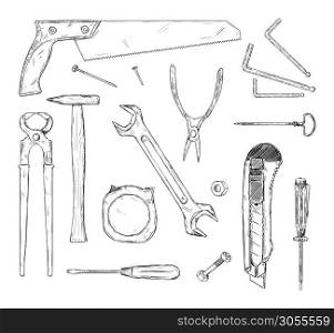 Vector hand drawn black and white illustration of set of working tools. Hammer, wrench,saw,pliers,screwdriver, tape measure and more.. Set of Working Tools. Vector Hand Drawn Black and White Illustration