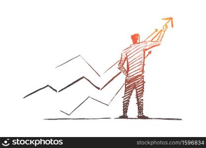 Vector hand drawn business analysis sketch and success concept. Businessman backwards drawing indicators of positive dynamics and business analysis.. Hand drawn business man concept