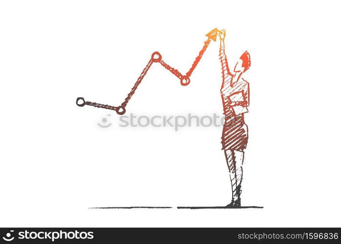 Vector hand drawn business analytics sketch and success concept. Business woman standing and drawing indicators of positive business dynamics by hand.. Hand drawn vector business woman