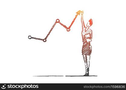 Vector hand drawn business analytics sketch and success concept. Business woman standing and drawing indicators of positive business dynamics by hand.. Hand drawn vector business woman