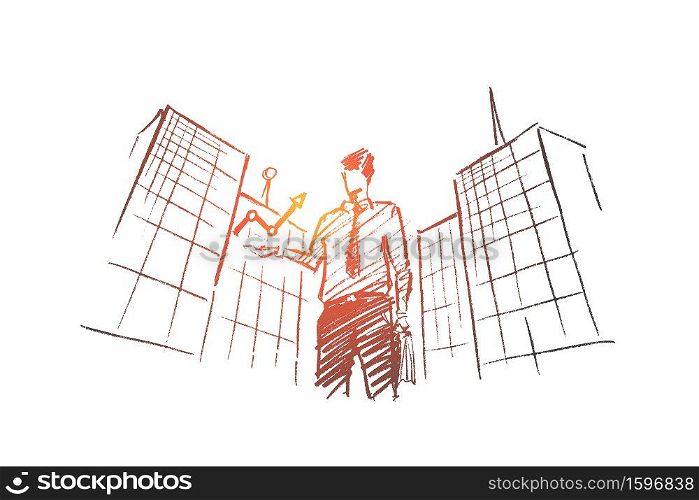 Vector hand drawn business concept sketch. Businessman standing on background of office building and holding indicator meaning progress and positive dynamics in business.. Hand drawn businessman holding growth indicator