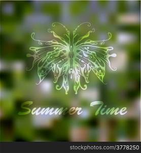 Vector Hand Drawn Butterfly on abstract Summer Green Background, gradient mesh and transparency effects, fully editable eps 10 file
