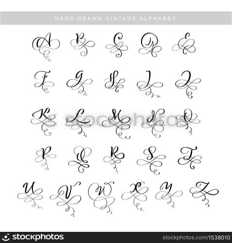 Vector Hand Drawn calligraphic flourish letters monogram or logo. Uppercase Hand Lettering alphabet with swirls and curls. Wedding Floral Design.. Vector Hand Drawn calligraphic flourish letters monogram or logo. Uppercase Hand Lettering alphabet with swirls and curls. Wedding Floral Design