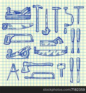 Vector hand drawn carpentry elements set on blue cell sheet background illustration. Hammer equipment and work tool repair, instrument saw and axe. Vector hand drawn carpentry elements set on blue cell sheet background illustration