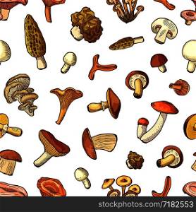 Vector hand drawn cartoon food mushrooms background or pattern illustration. Vector hand drawn mushrooms background or pattern illustration