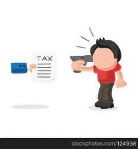 Vector hand-drawn cartoon illustration of depressed man holding gun to head presented with tax.