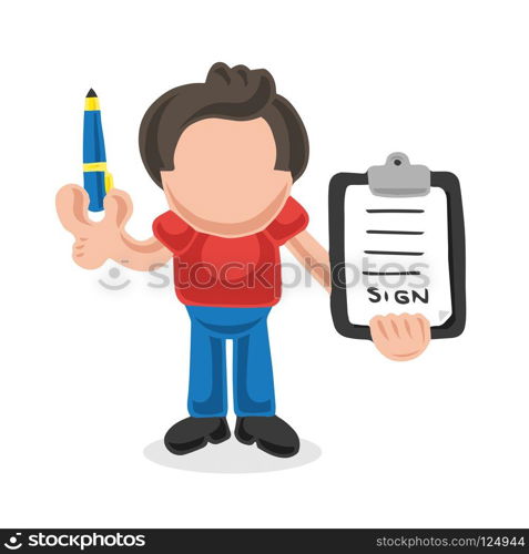 Vector hand-drawn cartoon illustration of man holding pen and clipboard of document for signing.