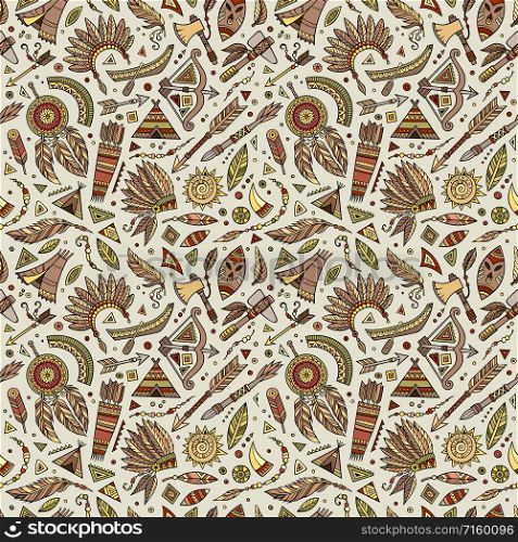 Vector hand drawn cartoon seamless pattern with tribal ethnic elements and objects. Vector cartoon seamless pattern with tribal elements