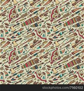 Vector hand drawn cartoon seamless pattern with tribal ethnic elements and objects. Vector cartoon seamless pattern with tribal elements