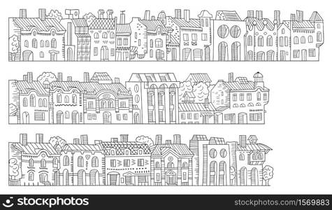 Vector hand drawn cartoon vintage houses stripes set. Buildings collection. Vector cartoon vintage houses stripes set.